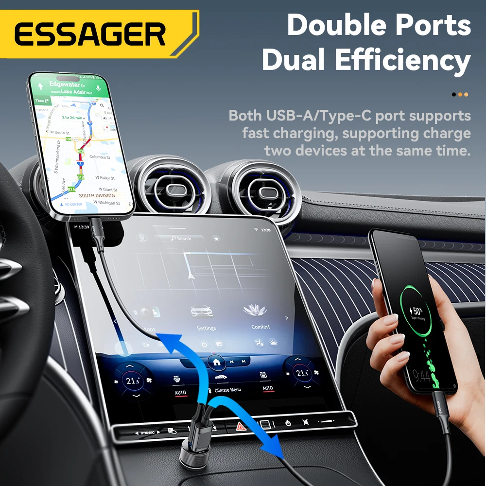 Essager USB C Car Charger 45W 2 Ports PD3.0 QC3.0 Digital Display Car Phone Charger For iPhone 16 15 Xiaomi Huawei Samsung OPPO