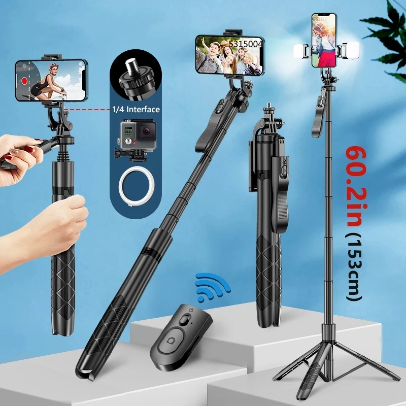 FANGTUOSI 2023 NOVO Dobrável Bluetooth Selfie Vara Tripé 1530mm com Bluetooth Obturador Fille Luz Monopé para iphone
