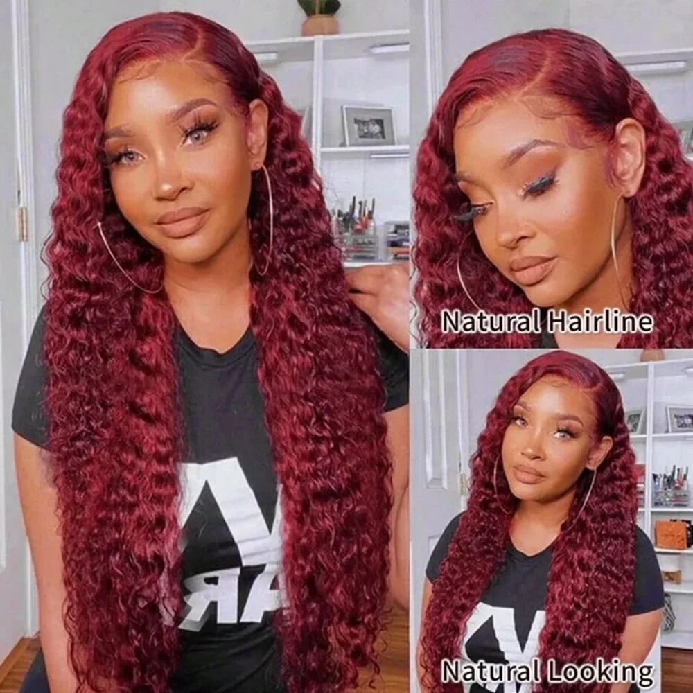 30 Inch 99j Burgundy Lace Front Wigs Human Hair 13x4 HD Deep Wave Human Hair Wig for Women Pre Plucked Brazilian 200% Density