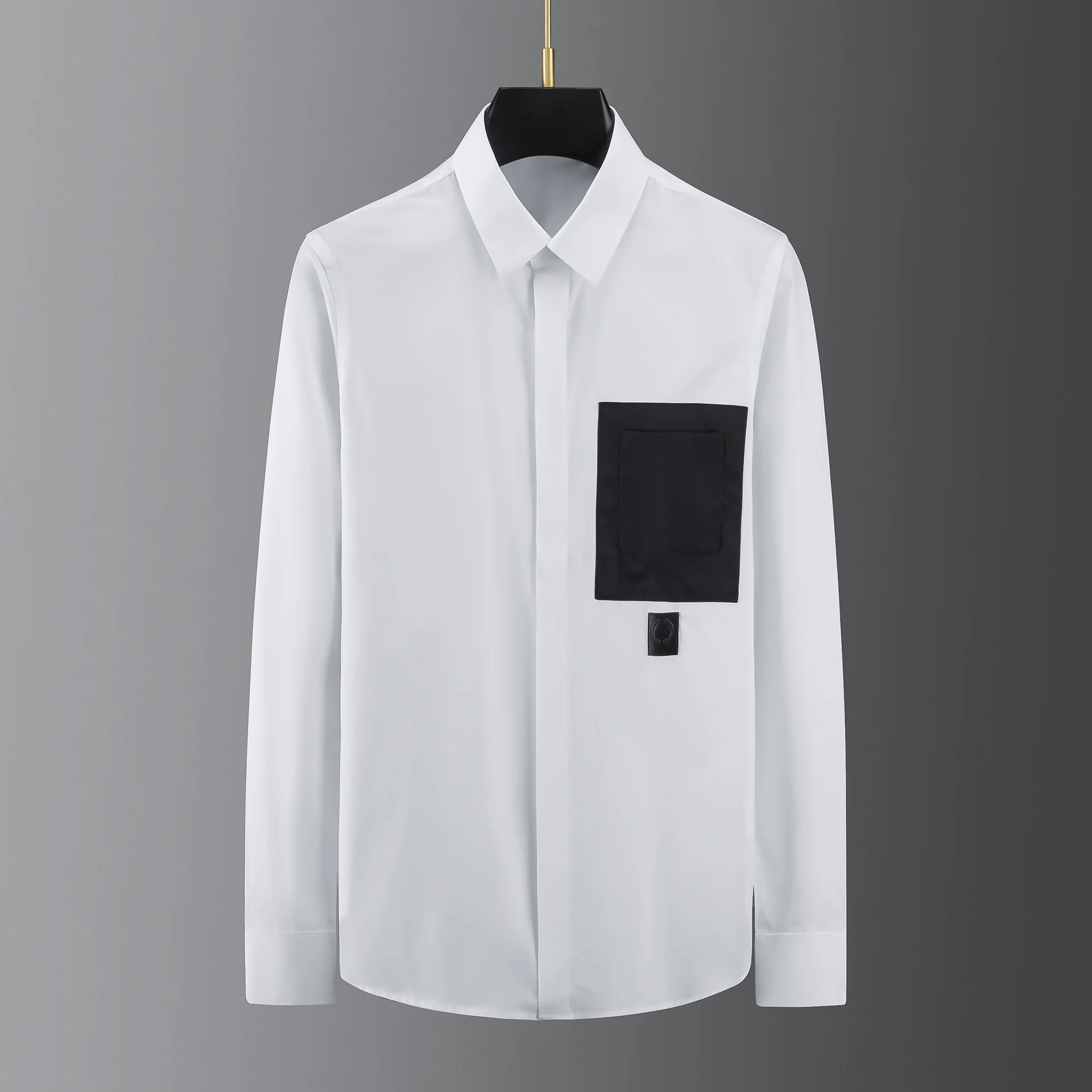 Trendy brand new black and white pocket stitching decorative leather label shirt men's fashion popular long-sleeved | Мужская одежда