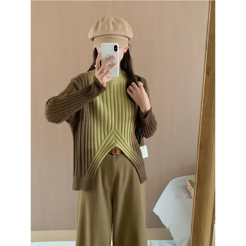 

Women Gradient Sweater Pullovers Slit Korean Style Loose Knitted Jumpers 2023 New Autumn Winter Tie Dye Soft Female Sweaters