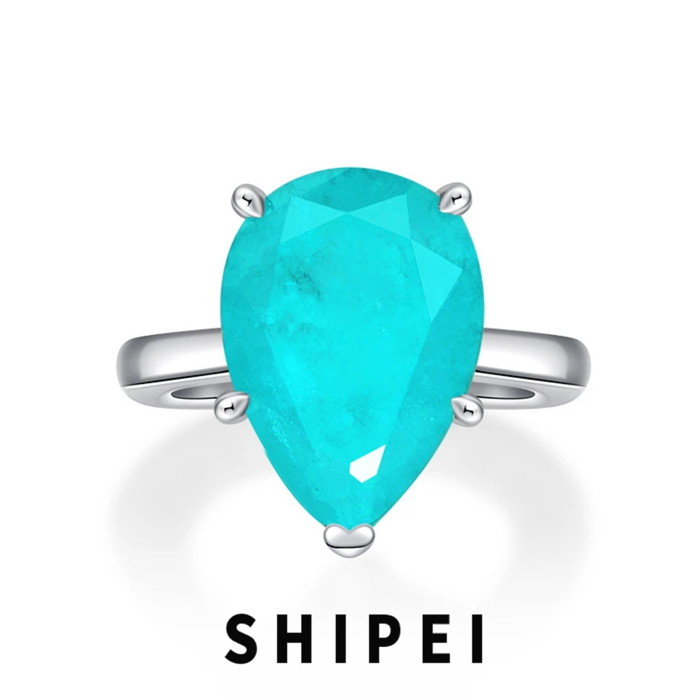 Shipei Classic Solid 925 Sterling Silver 10 Ct Pera Paraiba Tormalina Gemma Gioielli Da Sposa Fidanzamento Donne Anello All'Ingrosso