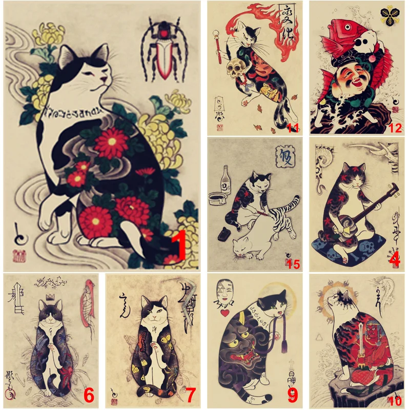Personalizzato Ukiyo-E Samurai Warrior Cat Tattoo Cat Tattoo Shop Retro Unframed Art Picture Print Canvas Poster Home Wall Decor