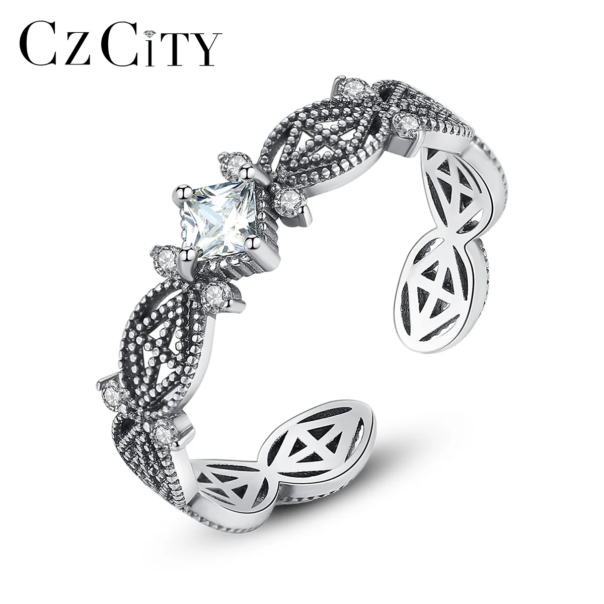 

CZCITY Design Exquisite 925 Sterling Silver Vintage Open Rings for Women Luxury Cubic Zirconia Gothic Girl Party Jewelry