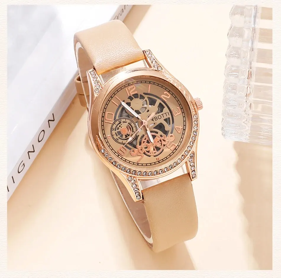 S41218886e3764c44bfb1127764cfff3eT Women's Fashion Watch Casual Khaki Leather Belt Watches Ladies Rhinestone Quartz Wristwatches Bracelet Set Clock Montre Femme Mallzona