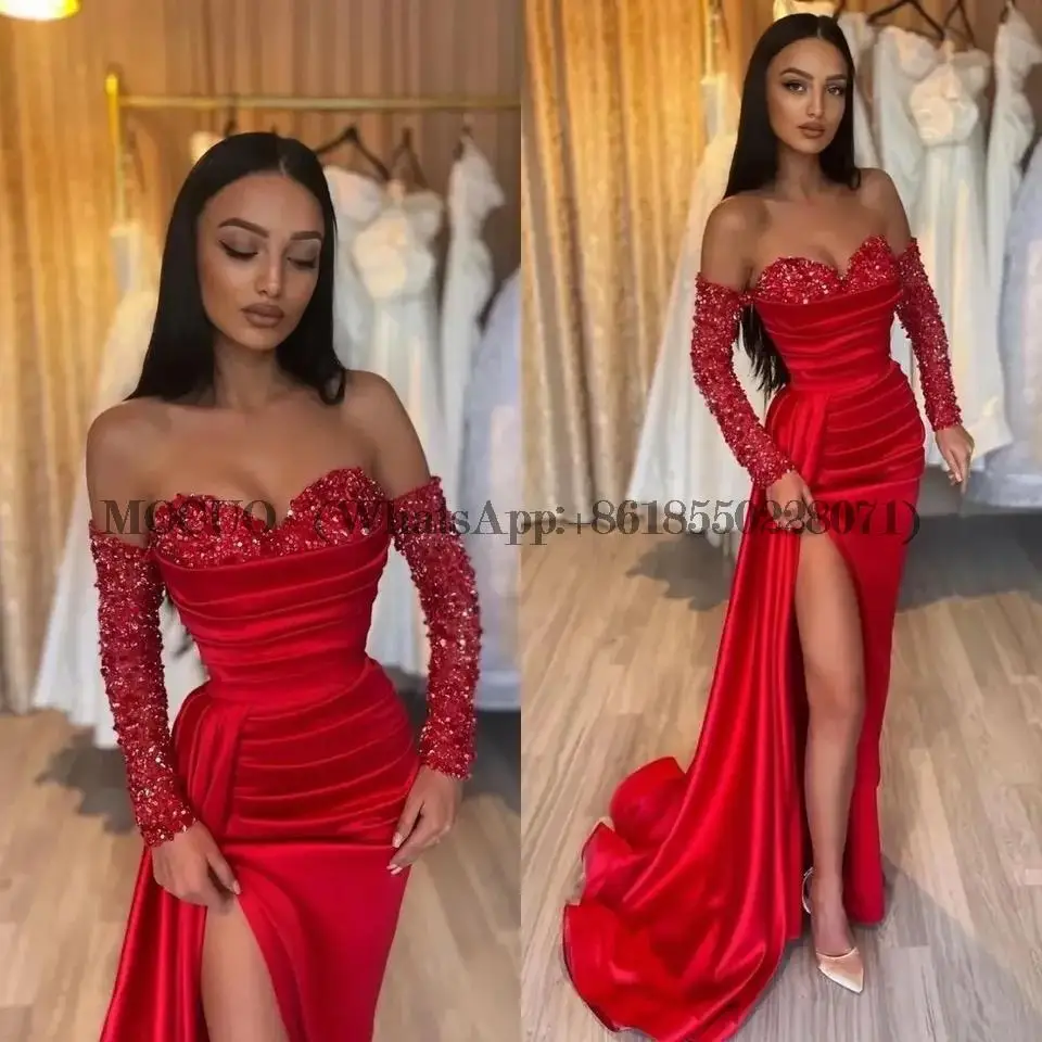 

Glitter Sequins Sleeve Prom Dress 2023 Silk Mermaid Evening Dress Beading Chest فستان سهرة Sexy Side Split Party Dresses
