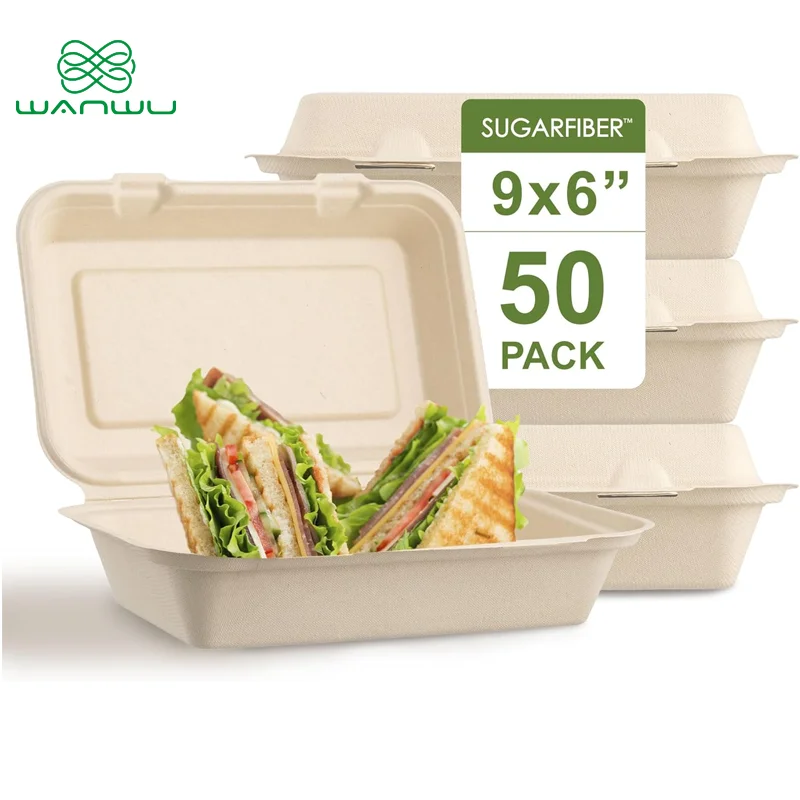 50 pcs Harvest Pack 9 X 6 inch Square Hinged Containers,Flip Top Take Out Boxes,Heavy Duty Bagasse Food Containers