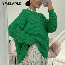 

2021 Autumn Winter Women O-neck Long Sleeve Loose Sweater Solid Green Blue Y2K Streetwear Female Jerseys Basic Top Warm Pullover