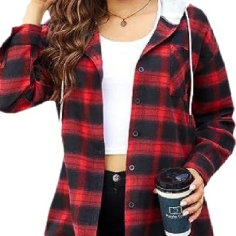 2023 New Autumn and Winter Fashion Plaid Hooded Button Mid Length Shirt Temperament Commuter Women's Cardigan Long Sleeve