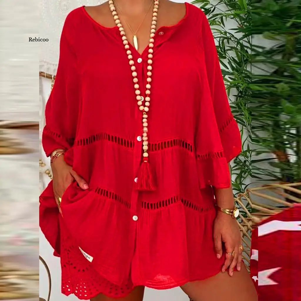 

5Xl Spring Summer Blouse Women Shirt Solid Cotton Linen Hollow Out Long Sleeve V-Neck Pullover Blusas Mujer