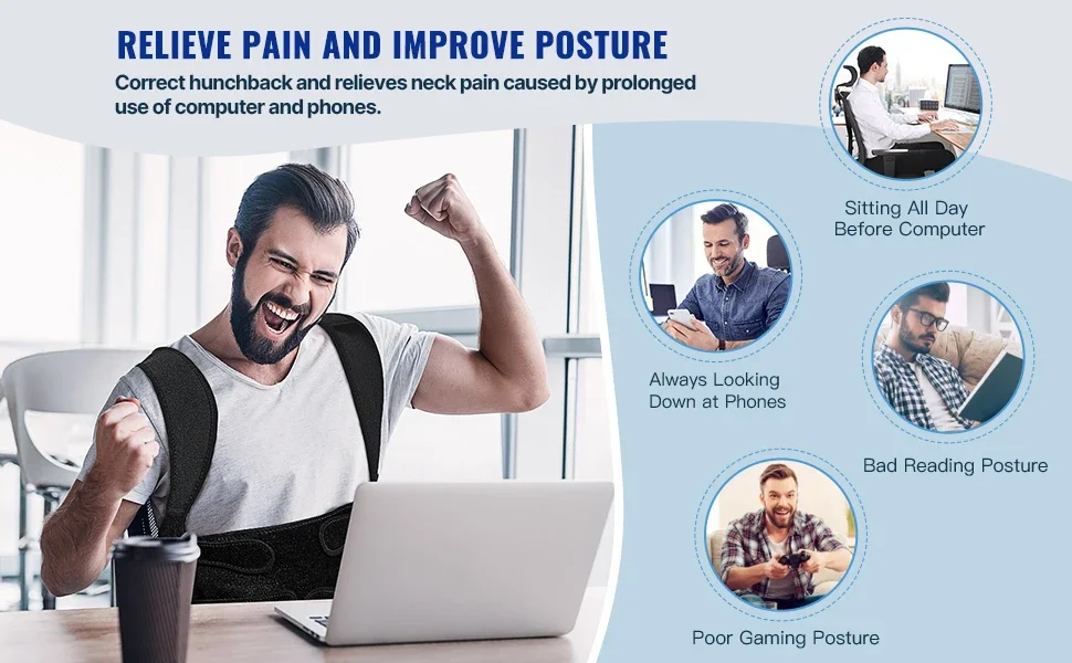 Description Picture 6 of itemBack Brace Posture Corrector Neck Shoulder Lumbar Adjustable Back Support Belt Improve Hunchback Pain Relief Women & Men Gym New