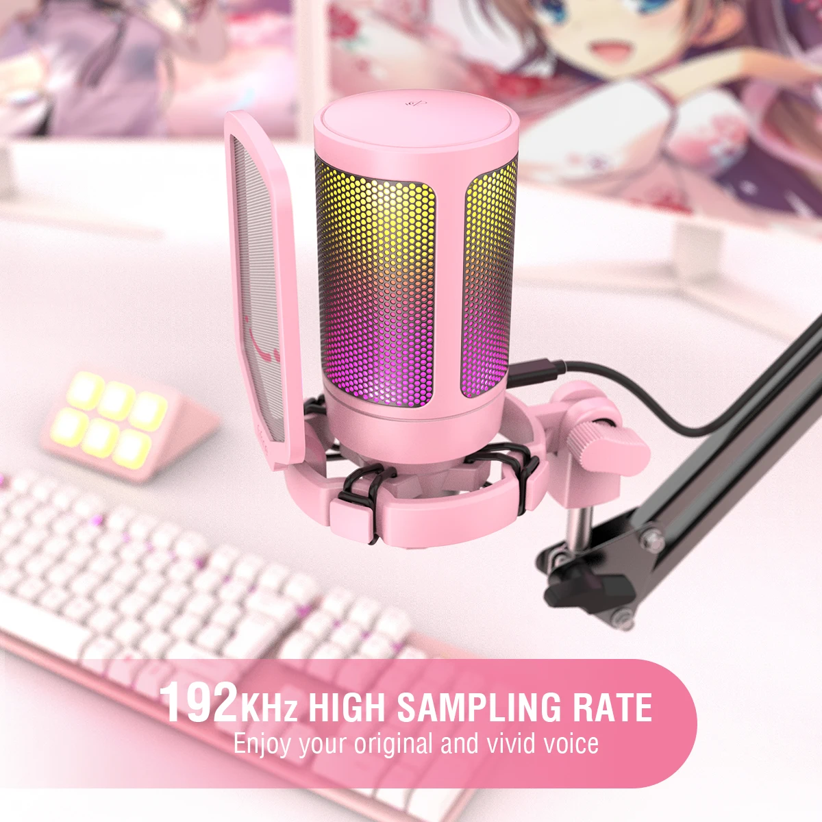 Fifine-usb Microfone Gaming pc Condensador de Computador Rgb Microfone Desktop para Vídeo em Estúdio Podcasts Streaming Amplificador Rosa - Image 4