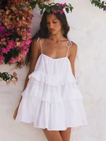 Wolfeel Sexy Loose White 100% Cotton Women's Dress Summer Strap Sleeveless Mini Dresses Classic Ruffle Female Beach Dress