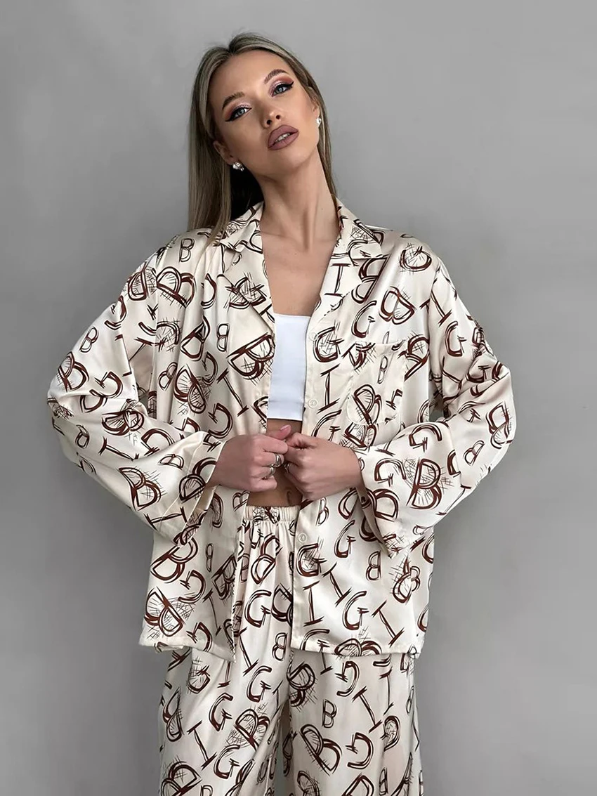 Marthaqiqi Printing Femme Sleepwear 2 Piece Suit Long Sleeve Nightwear Turn-Down Collar Pajama Wide Leg Pants Casual Nightie Set