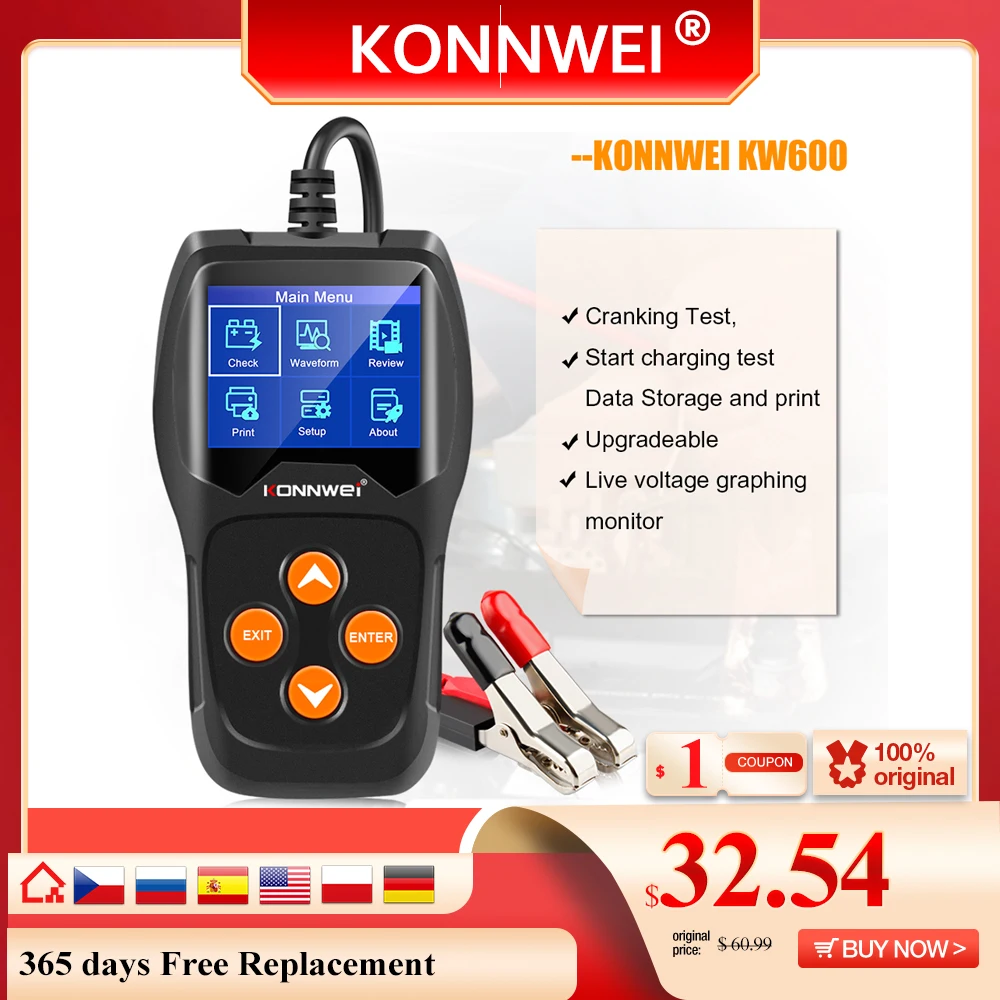 Konnwei Kw600 12v Car Battery Tester 100 To 2000cca 12 Volts Battery