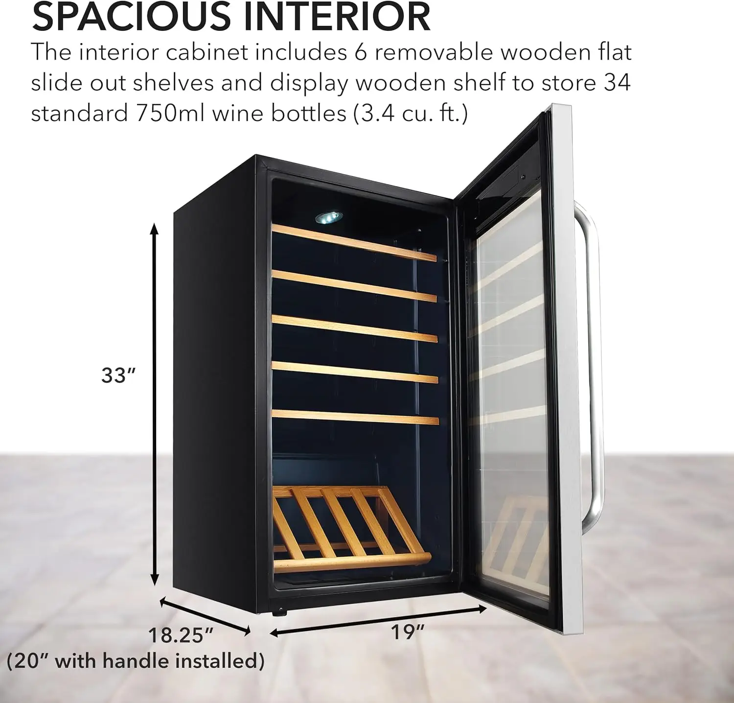 FWC-341TS 34 Bottle Freestanding Stainless Steel Wine Refrigerator with Display Shelf and Digital Control, Gray