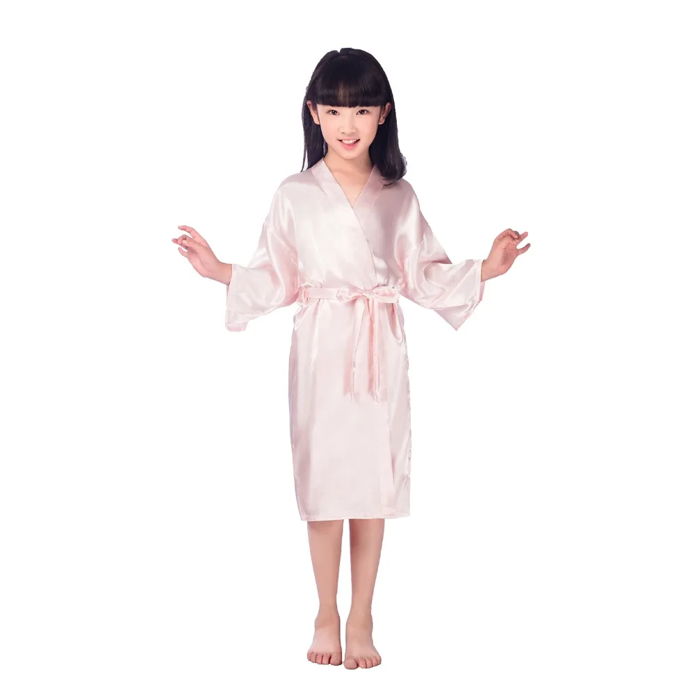 Kid Girls Solid Silk Satin Kimono Robes Kids Children Bathrobe - Main Image