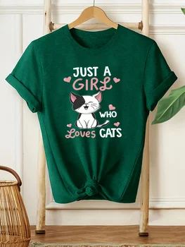 Just A Girl Who Loves Cats Women's Tee - Cute Cartoon Cat Green Top 1