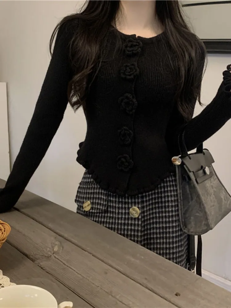 

Sueter Mujer O-neck Long Sleeve Women Cardigan Coat Solid 3D Flower Tunic Fashion Pull Femme Knitted Ruffled Sweet Sweater Tops
