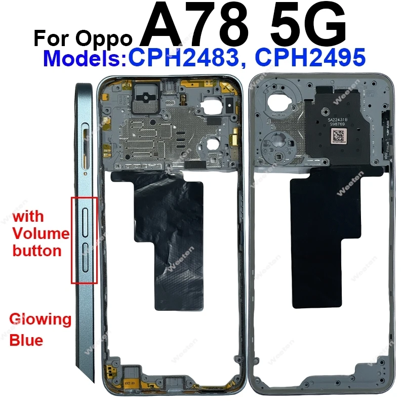 OPPO A78 A79 4G 5G 중간 프레임 하우징 커버 베젤(사이드 버튼 교체 부품 포함)