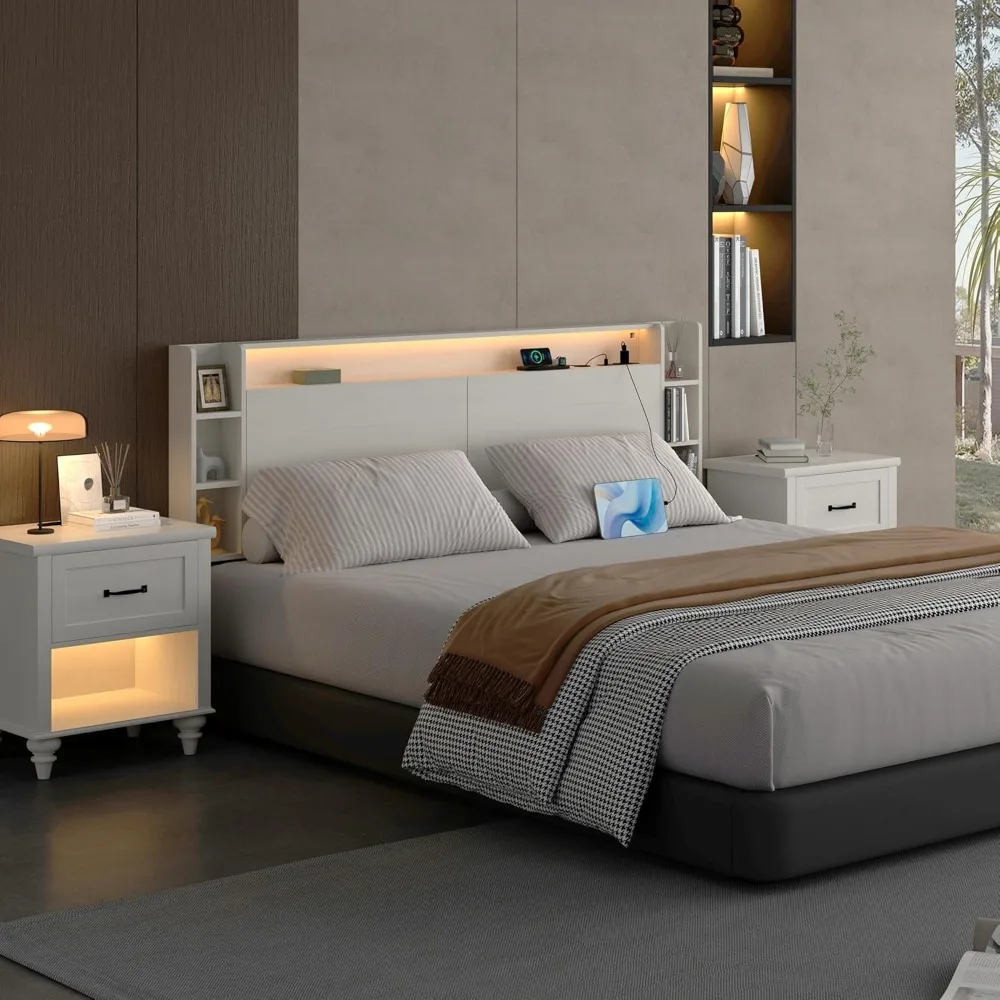 Queen Headboard Only with Shelves Storage, Headboards with Charging Station 2 USB Ports LED Light,Sturdy and StableModern Wood B