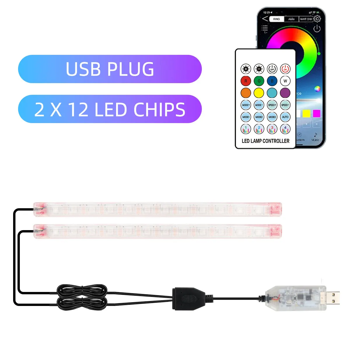 مصباح داخلي للسيارة بـ 12/18 مصباح LED نيون 2/4 في 1 مع تحكم لاسلكي عن بعد عبر USB وتطبيق للهاتف، إضاءة جو قوس قزح تلقائية للزينة