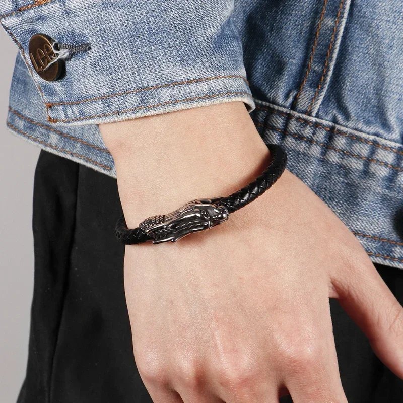 

Vintage Genuine Leather Woven Bracelet For Men Stainless Steel Dragon's Head Bracelet Men's Magnet Clasp Punk Jewelry Gift