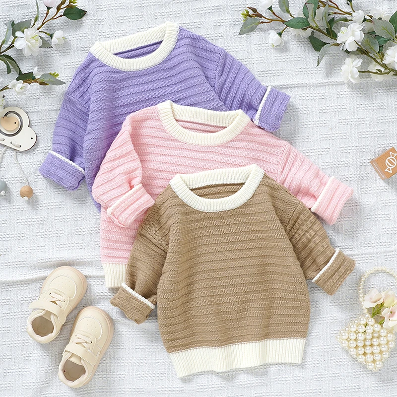 VISgogo 0-3 Years Toddler Girl Boy Fall Sweater Contrast Color Long Sleeve Crew-Neck Chunky Knitwear Tops