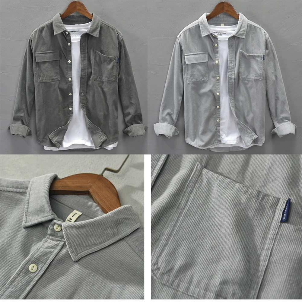 

Mens Corduroy Casual Cargo Shirts Long Sleeve Collared Regular Shirt Jacket Top Retro Vintage Lapel Fashion Shirt