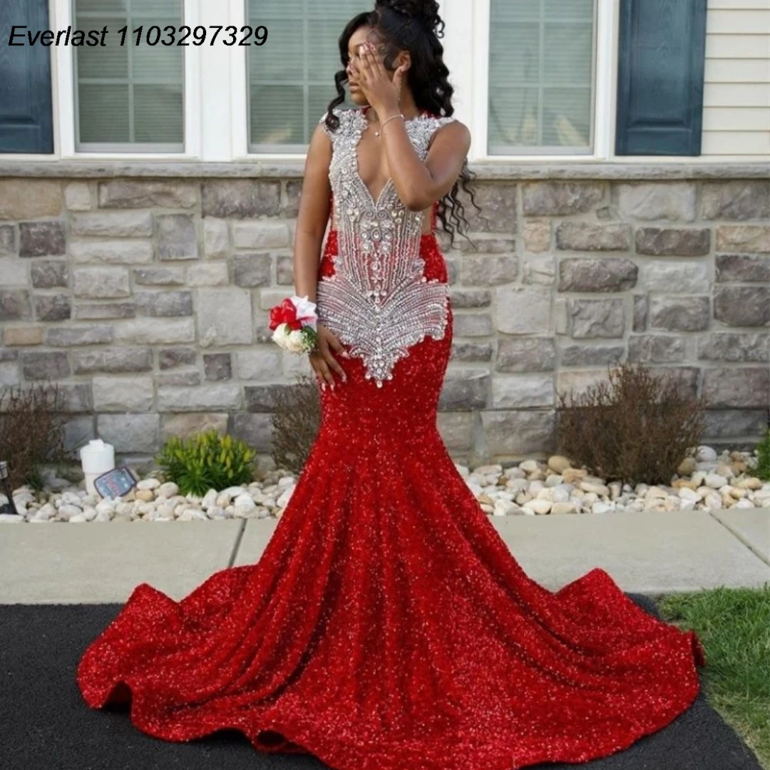 

EVLAST Red Sequins African Mermaid Prom Dress For Black Girls Beaded Crystal Rhinestone Birthday Party Gown Robe De Soiree TPD21