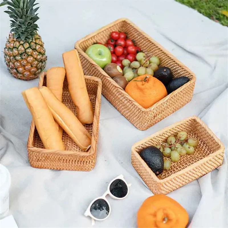 Rectangular Rattan Wicker Basket Hand Woven Container Bread Snack  Cosmetic Storage Box Household Tools