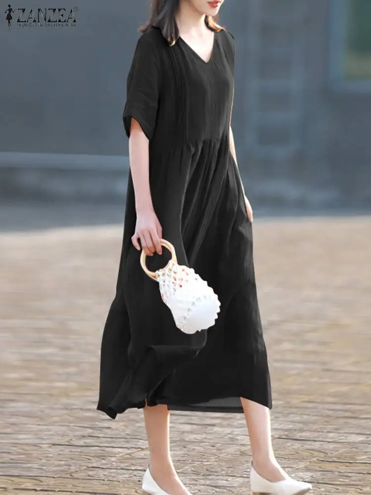 

ZANZEA Women Pleating Dresses Fashion Solid Maxi Dress Holiday V-neck Pocket Sundress 2023 Summer Casual Loose Short Sleeve Robe