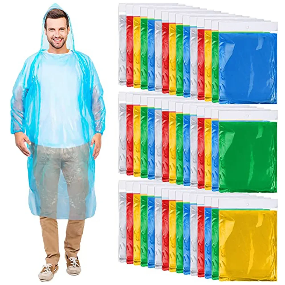 10/20/50 Pieces Rain Ponchos Adults Disposable Plastic Raincoats with Hood Portable Emergency Raincoats for Outdoor Activities
