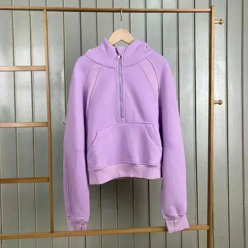 Lemon Long Sleeve Thickened Warm Training Sports Gym Outdoor Yoga Jacket Women Scuba Half Zipper High Collar Hoodie