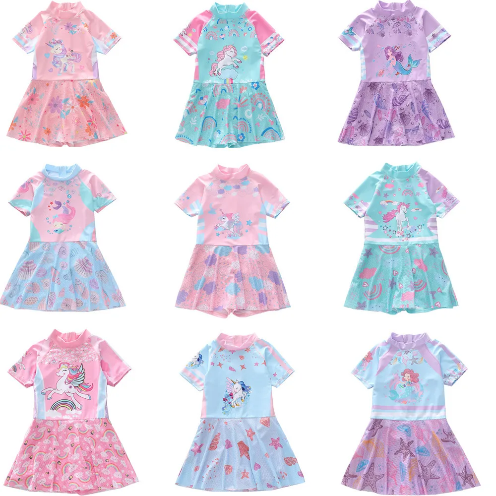 

HappyFlute New Children's One-piece Back Zipper Child Sports Net Unicorn Mermaid Girls Swimsuit