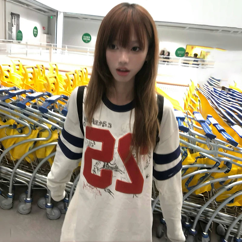 Karrram Japanese Y2k Number Print T-shirt 2000s Aesthetics Long Sleeve Jersey Tops Vintage Harajuku Streetwear American Retro