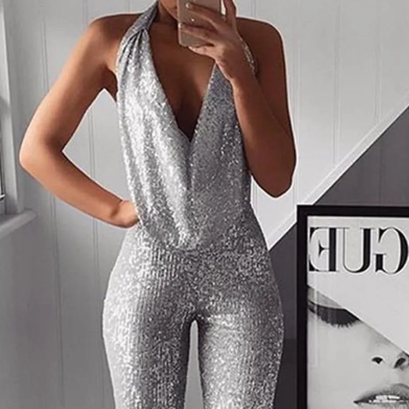 

Women's Straight Sleeveless Jumpsuit Sexy Flash Solid Color Deep V Neckline High Waist Wide Legs
