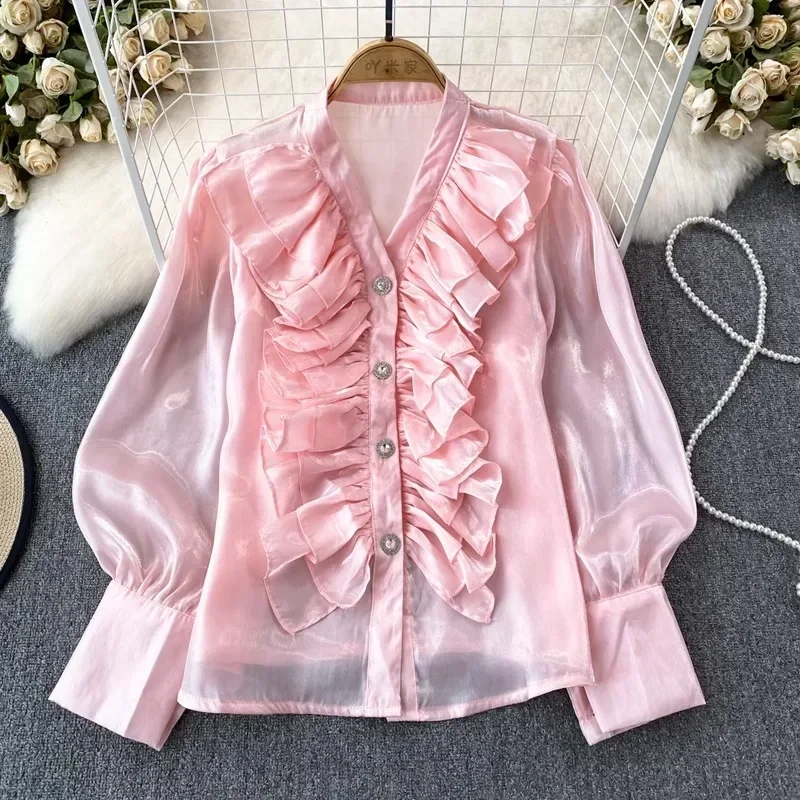 

Long Sleeve Pleated Ruffled Women Shirt Fashion 2023 Vintage V-Neck Loose Elegant Satin Blouse Buttons Casual Tops Blusas 29923