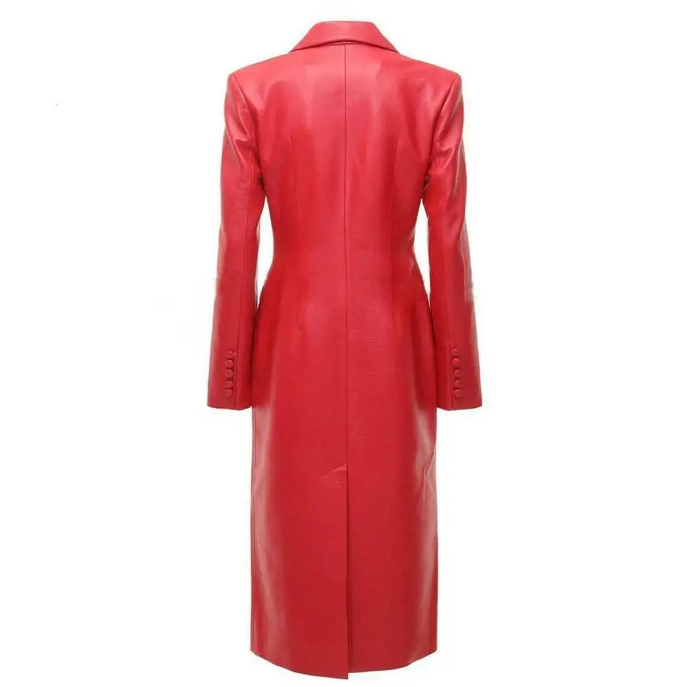 Women Real Leather Long Coat Dress Handmade Red Long Trench Coat