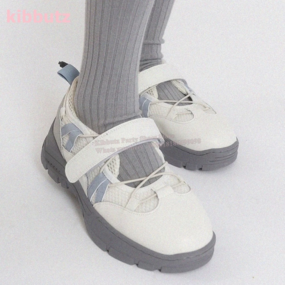 Functional Wind Ballet Sneakers Lace-Up Elasticized Band Hook & Loop Shoelace Round Toe Thick Bottom Mixed Color Fashion Concise