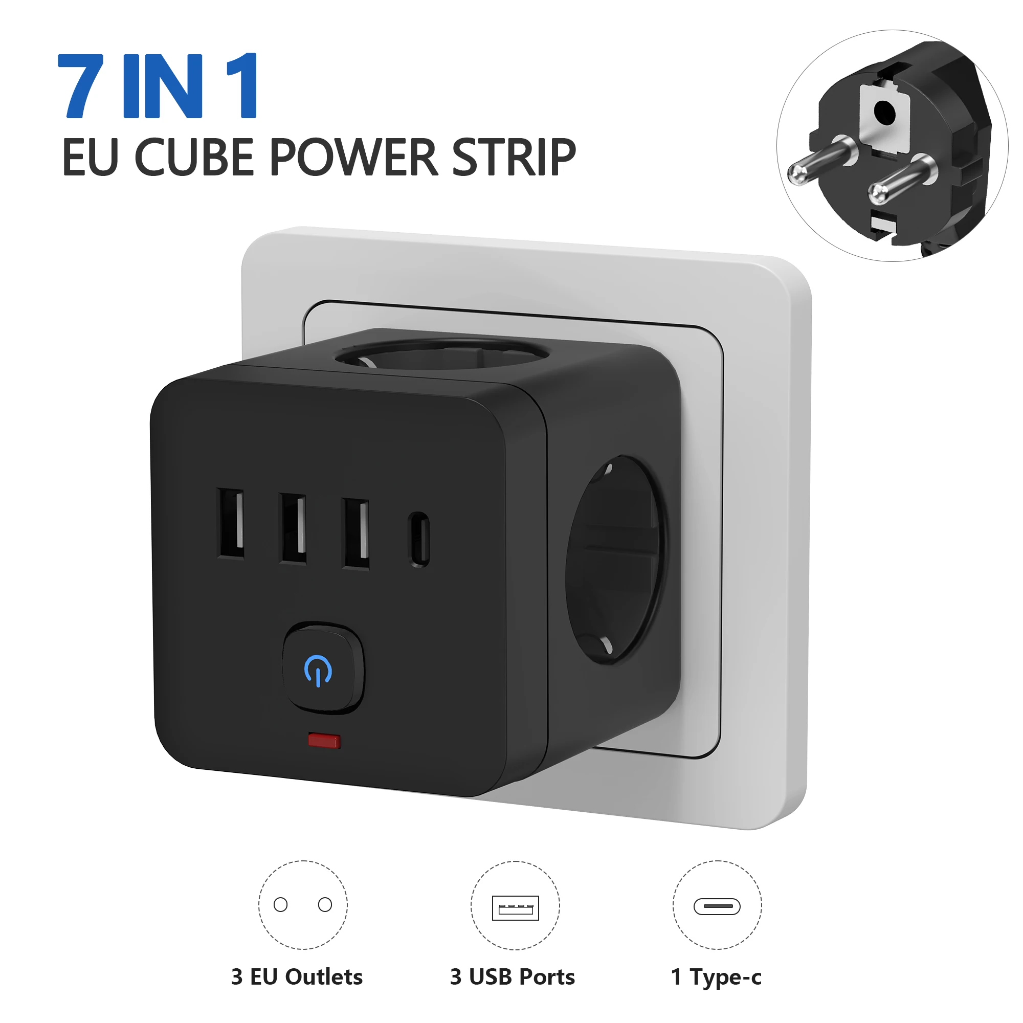7-in-1 EU Power Strip 3 AC Outlets 3 USB 1 Type-C Desktop Charging Station Overload Protection