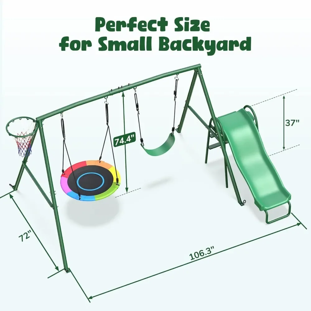 440 Pound Backyard Swing Set with Slide, Children's Outdoor Amusement Park, Heavy Metal Toys, UFO Swing, Belt Swing