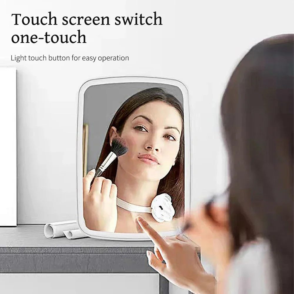 Vanity Lights USB Rechargeable Foldable Makeup Mirror Bathroom Dressing Table Lighting DimmableControl Tricolor Lamp Mirror Pink