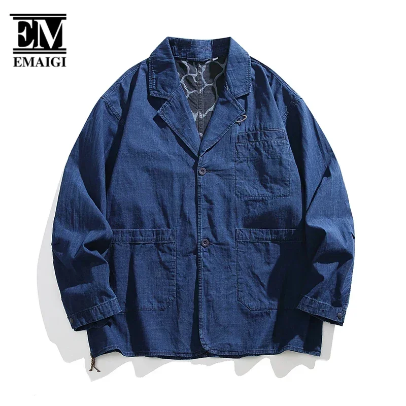 Men Japanese Streetwear Loose Casual Vintage Pure Cotton Denim Blazers Suit Jacket Korean Jeans Coat Outerwear