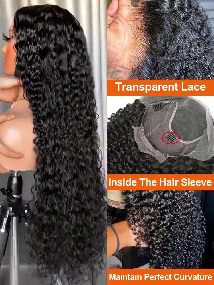 Perruques brésiliennes 13×6 HD en cheveux humains bouclés et rebondissants, pré-épilées avec baby hair, 36 38 pouces, perruque frontale en dentelle Water Wave, perruque frontale en dentelle Deep Wave sans colle, noir naturel, effet mouillé et ondulé, perruques frontales en dentelle Water Wave 13×4, densité 250%