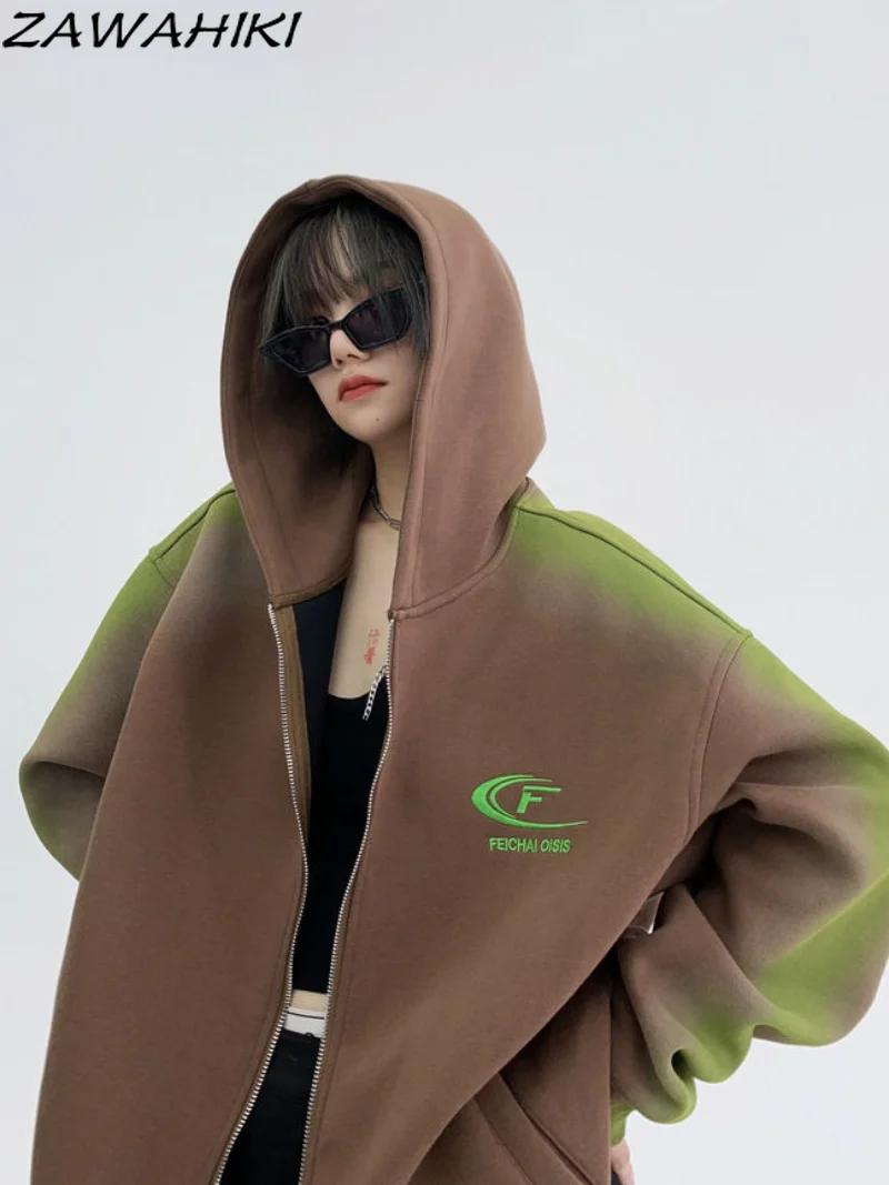 

Cotton Green Gradient Sweatshirt Contrast Color Loose Hooded Zip-up Coat Streetwear Hoodie Jackets Y2k Harajuku Fashion Tops