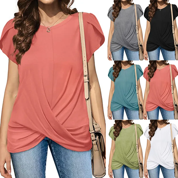 

Spring/summer Round Neck Solid Color Twisted Short Sleeve T-shirt Women's Top