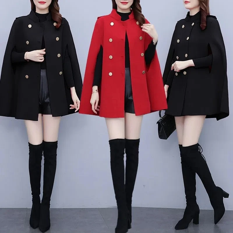 2022Autumn And Winter New Cape Temperament Coat Women's Loose Double-breasted Mid-length Cloak Fashion Woolen Coat Women's Tide