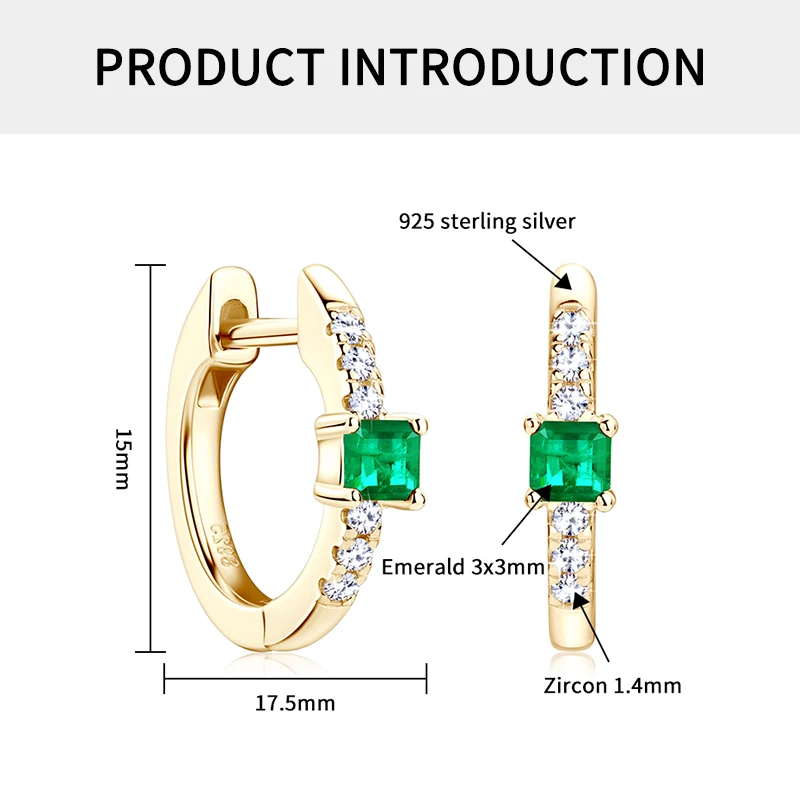 925 Sterling Silver Plated 14K Gold Ladies Hoop Earring 3x3mm Square Artificial Emerald Vintage Earrings for Women Jewelry Gift 2