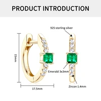 925 Sterling Silver Plated 14K Gold Ladies Hoop Earring 3x3mm Square Artificial Emerald Vintage Earrings for Women Jewelry Gift 2